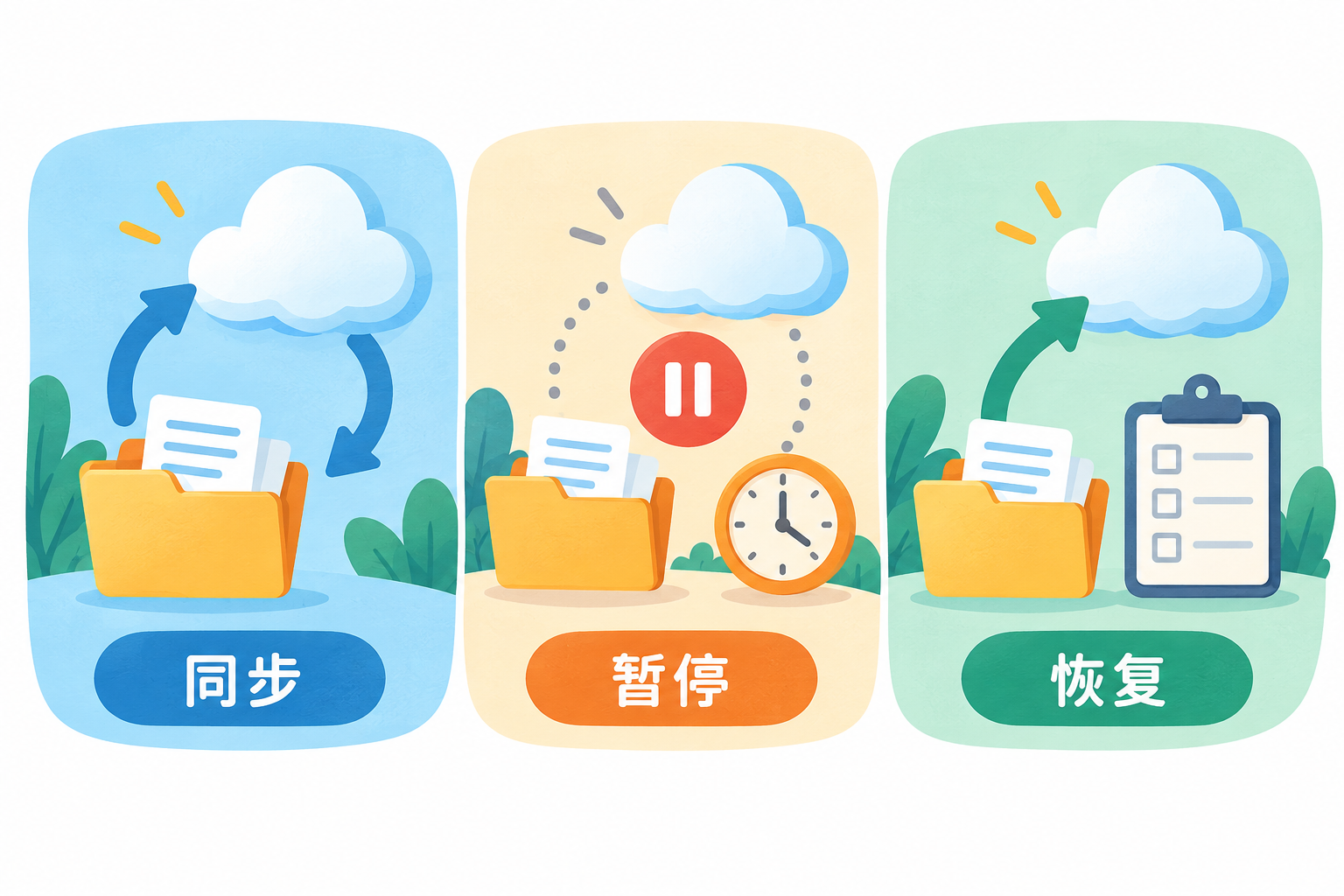网盘同步从进行中到暂停再到恢复的三个状态
