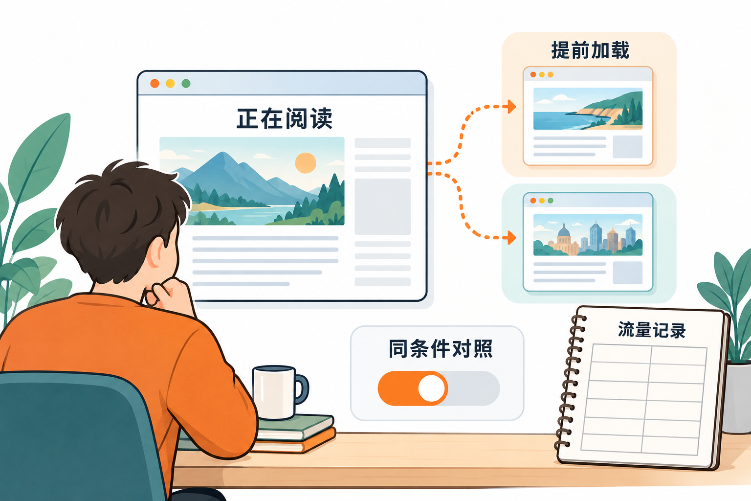 浏览器当前阅读页面与提前加载候选页面的概念图,并用账本分别记录