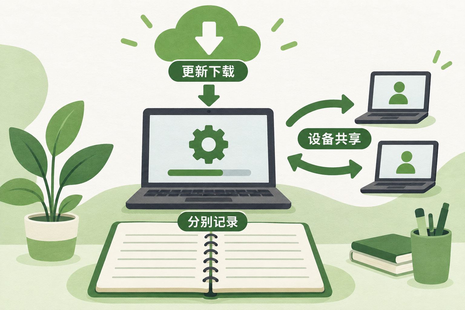 更新下载与向其他电脑共享分别计入观察记录的示意